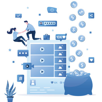 Monetize your blog. Businessman mentor helping new female blogger creates media content and receives payments. Learning, education help take advertising revenue, earnings