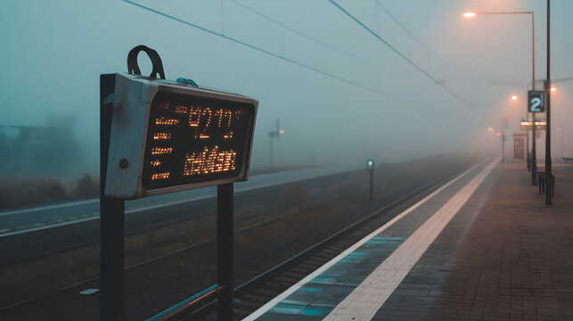 commute. Empty train platform with blurred departure board in morning fog. tourism brochures, itinerary planners, designed for hospitality marketing for hotel rooms and spa retreats.