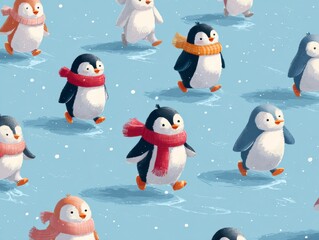Group of Adorable Penguins Wearing Colorful Scarves Walking Playfully in a Snowy Landscape