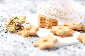 Christmas cookies on bright background. Soft focus. Close up	