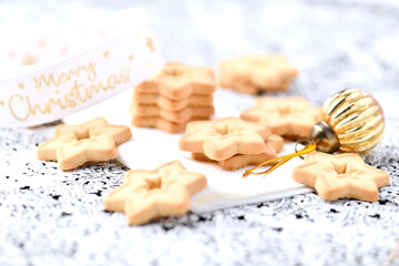 Christmas cookies on bright background. Soft focus. Close up	