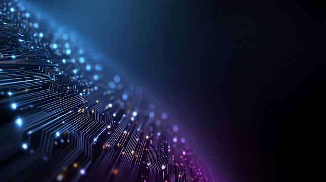 Futuristic background with a printed circuit board and glowing data lines. Abstract background with futuristic technology, close-up of a digital printed circuit board with glowing neon lines.