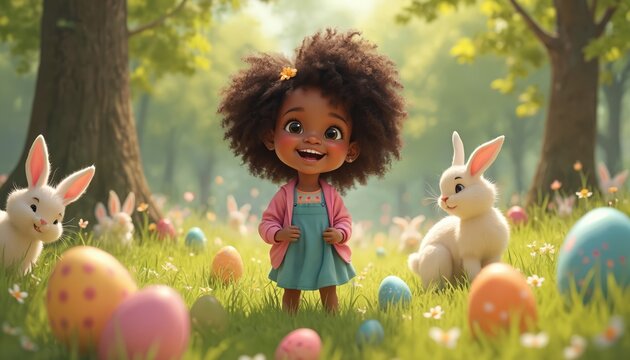 Illustration features a cheerful black girl in a park surrounded by Easter eggs and white rabbits. Happy child enjoys festive outdoor celebration and spring holiday. - Powered by Adobe