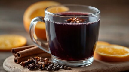A warm drink is served in a clear cup, showcasing rich colors and spices. Oranges and cinnamon sticks surround it, creating a cozy atmosphere ideal for winter gatherings