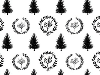 Pattern Design Featuring Black Trees and Floral Wreaths on White Background