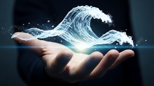 Digital glowing water wave forming a crest above an open human hand in a dark environment, concept of technology and nature