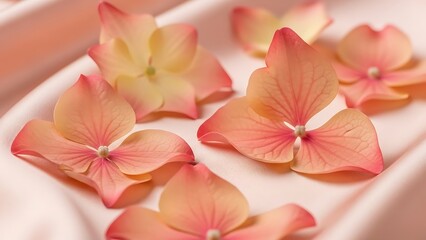Fototapeta premium Pink Peach Hydrangea Flower Petals on Soft Satin Fabric in Elegant Arrangement
