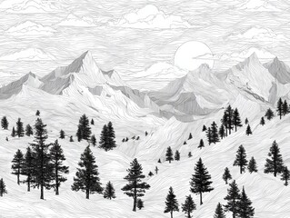 Scenic Winter Landscape with Snow-Covered Mountains and Pine Trees Under a Clear Sky