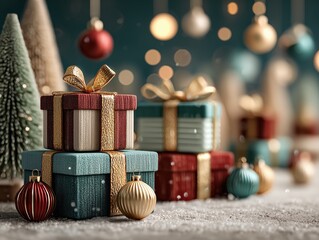 Warm Christmas 3D Display Scene with Teal Wall, Christmas Trees and Red Gold Decorations