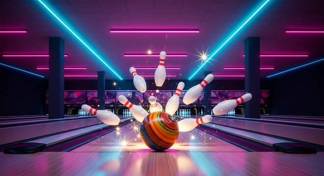 A bowling strike scene in a vintage bowling alley illuminated by vibrant neon lights in pink, cyan, and purple.