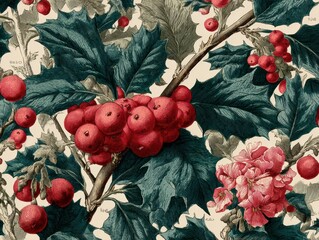 Vibrant Botanical Illustration of Red Berries and Green Leaves on a Light Background