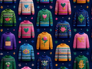Vibrant Collection of Colorful Knitted Sweaters with Intricate Patterns on Dark Background