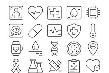 Outline icons set for medical care, healthcare technology, diagnostics, and science research
