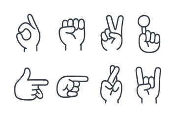 Obraz premium Eight different outline icons depicting human hands making common communication gestures