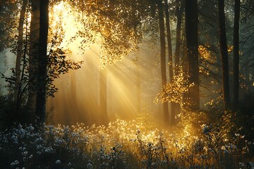 Enchanted forest glowing with golden sunrise high resolution picture