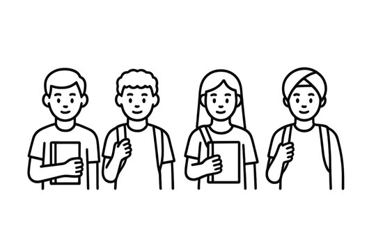 Diverse group of smiling students holding books and wearing backpacks ready for school - Powered by Adobe