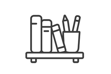 Minimalist line drawing of a small bookshelf holding books and a cup with writing utensils