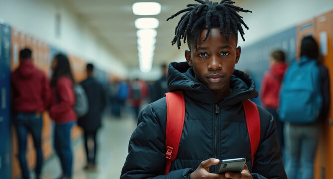 Black teen boy looks at camera in school hallway. Student holding phone wears jacket with backpack. Education tech concept is shown. Back to school