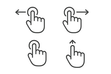 Fototapeta premium Outline symbols showing common touchscreen gestures including swipe left, swipe right, tap, and swipe up