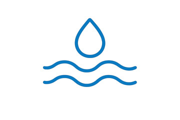 Simple blue outline graphic of a water droplet falling onto wavy lines representing a liquid surface