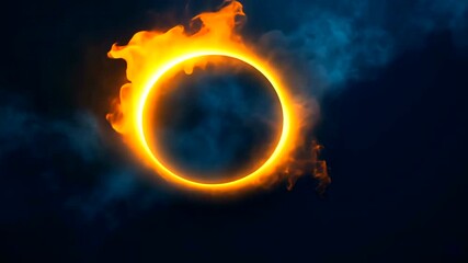 A celestial body glows with a fiery aura, a ring shape, against a dark blue sky