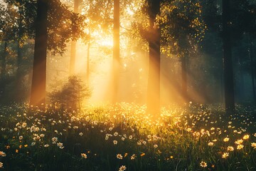 Golden sunrise shining over blooming forest high resolution picture