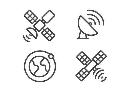 Satellites, global communication, Earth orbit, and parabolic antenna transmission icons