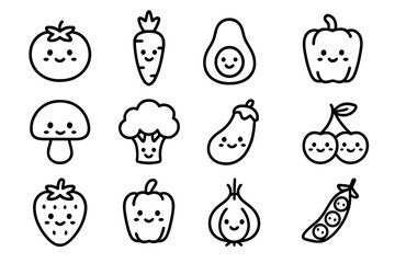 Cute collection of smiling fruits and vegetables in simple outline style