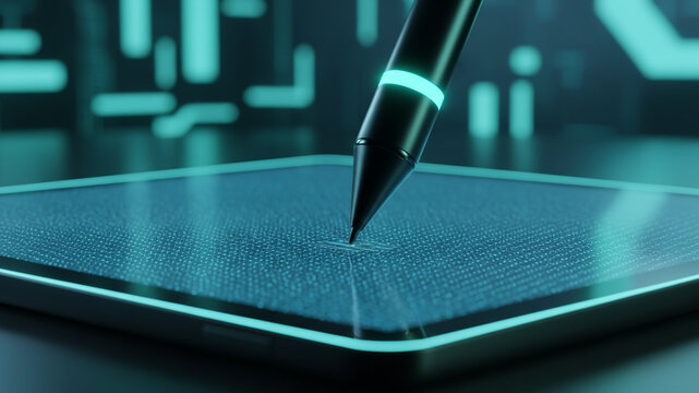 Macro Tip of Digital Pen Stylus touching Drawing Tablet Surface, Microscopic Gap visible, Friction Texture, Creative Technology and Graphic Design Tool Precision, Digital Art Device