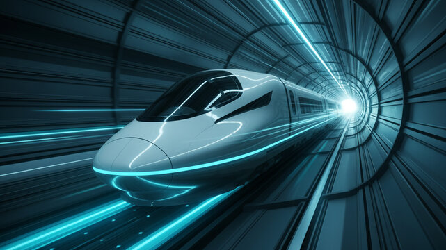 Sleek Metallic Surface of Futuristic Hyperloop Pod Train in Vacuum Tube, Speed Lines and Reflection of Tunnel Lights, White and Silver Tones, High Speed Future Transportation Concept