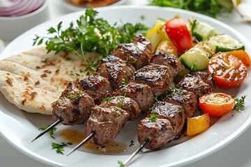 Grilled Lamb Souvlaki Served With Fresh Vegetables high resolution picture