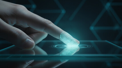 Thumb Pressing on Glass Fingerprint Sensor, Glowing Blue Ridges, Biometric Access Control Concept