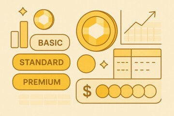 Financial pricing models represented through vivid design elements showcasing tiered options basic standard premium alongside data analytics symbols expressing market growth dynamics