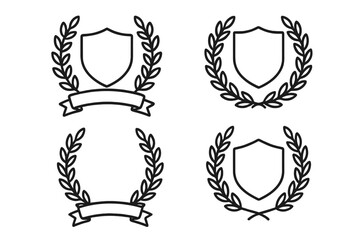 Four outline laurel wreath crests with blank shields and ribbons for achievement badges