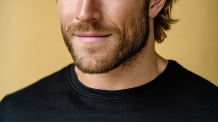 Obraz premium A man with a charming smile stands in front of a golden wall, radiating warmth and friendliness. His casual black shirt complements his easygoing demeanor, creating a relaxing atmosphere