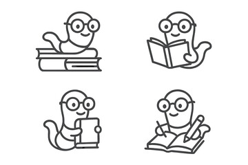 Cheerful bookworm character wearing spectacles engaged in reading, studying, and writing activities