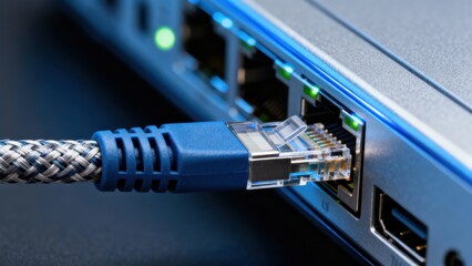 low latency network concept. Close-up of an Ethernet cable connected to a device port.
