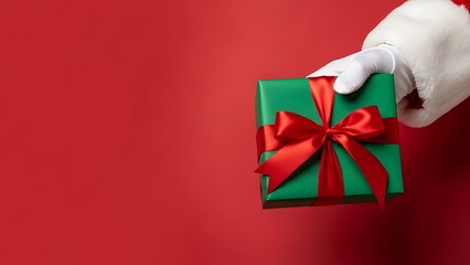 Santa claus wearing white gloves holding a green christmas gift with a red ribbon and bow offering it forward against a plain red background with copy space for text