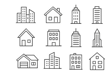 Minimalist architectural line art featuring residential homes, skyscrapers, and apartment buildings
