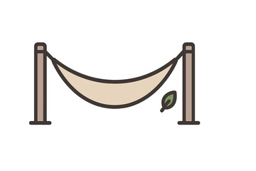 Empty fabric hammock suspended between two wooden posts with a small green leaf