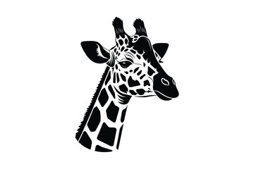 Striking black and white illustration of a giraffes head, featuring its unique spotted pattern