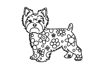 Cute cartoon terrier dog with floral pattern, black and white line art drawing