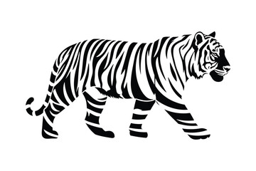 Black and white illustration of a tiger walking with distinctive stripes