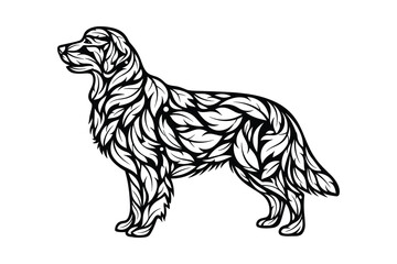 Elegant golden retriever dog silhouette crafted from intricate leaf patterns, standing gracefully