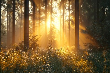 Magical sunrise lighting up lush forest high resolution picture