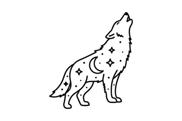 Mystical celestial howling wolf line art illustration with moon and stars, a spiritual animal design for creative projects
