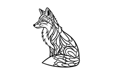 Beautifully detailed black and white line art illustration of a sitting fox with intricate decorative patterns