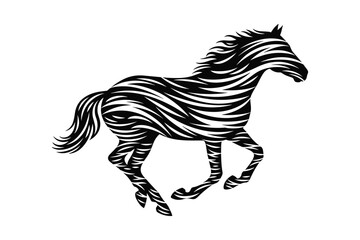 Stylized black and white illustration of a running zebra, showcasing its distinctive stripes and dynamic movement