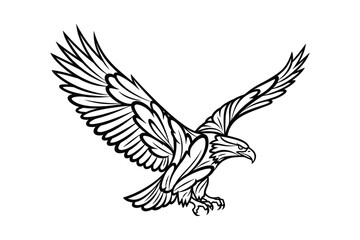 Black and white illustration of a majestic eagle with outstretched wings in a dynamic pose