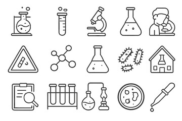 Obraz premium Black and white line icons of science and chemistry laboratory equipment symbols including beakers and microscopes